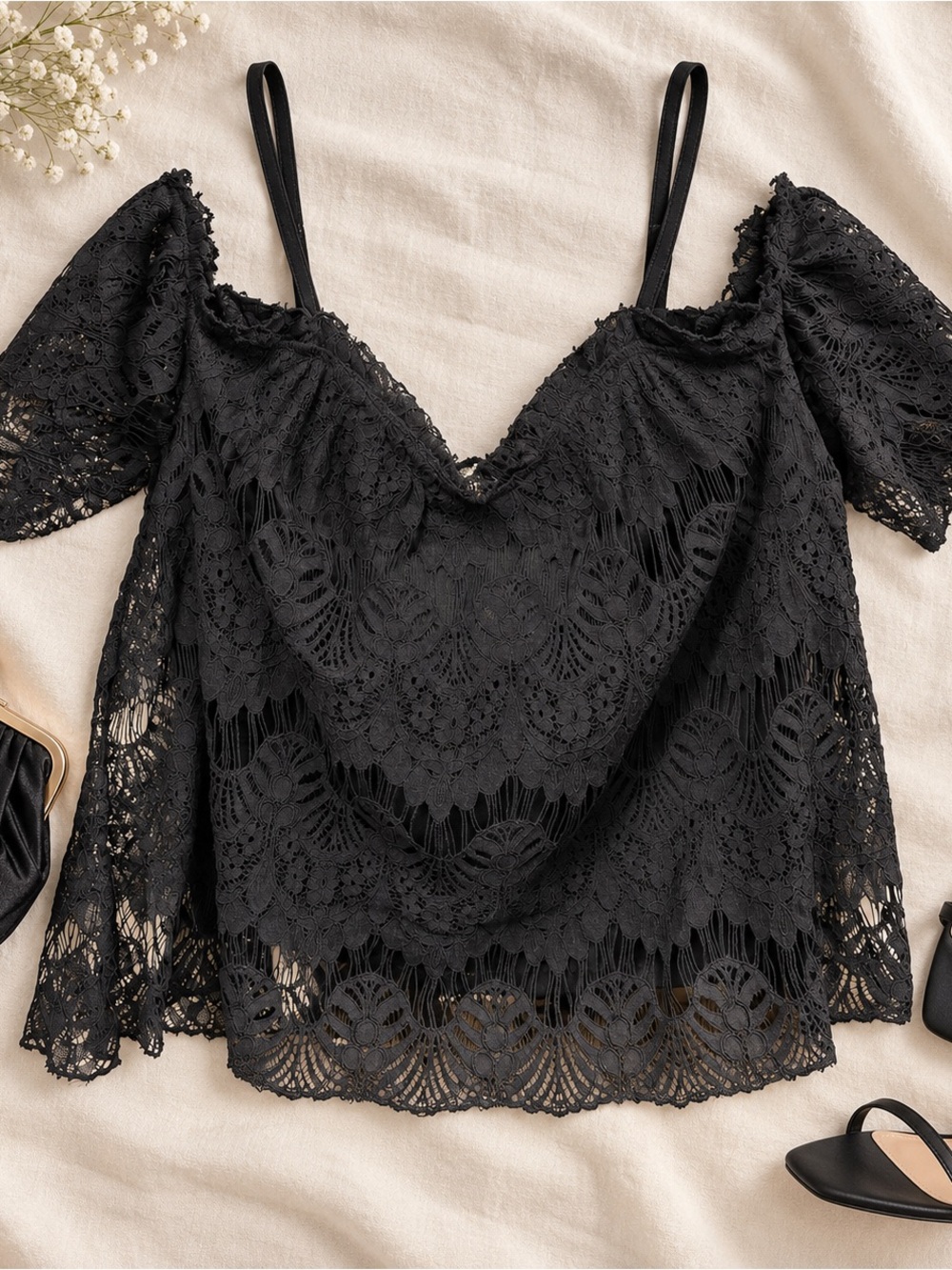 love, Fire Black Lace Off-Shoulder Camisole with Spaghetti Straps